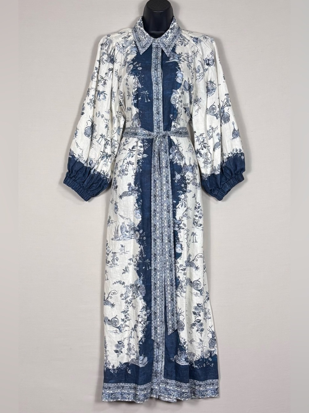 ALEMAIS Linen Toile Print Belted Maxi Dress Pockets Blue White US 12 - Picture 3 of 7